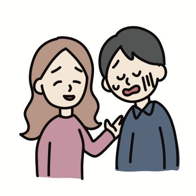 早漏による悪影響に悩んでいる男性が、パートナー女性に慰められているイラスト